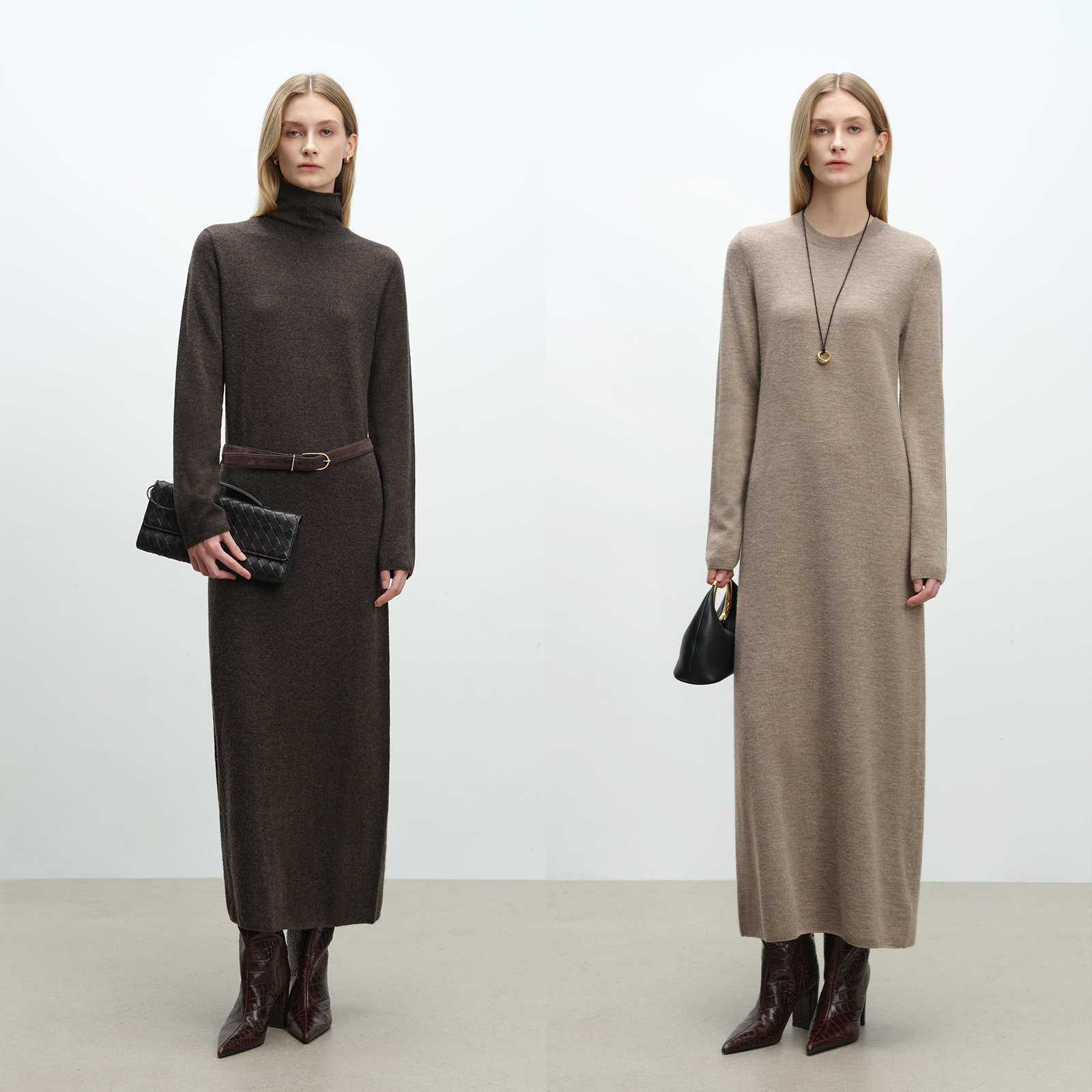 MSBEAST美丽诺绒感强缩羊毛 经典Row圆领/堆堆领纸片人针织连衣裙