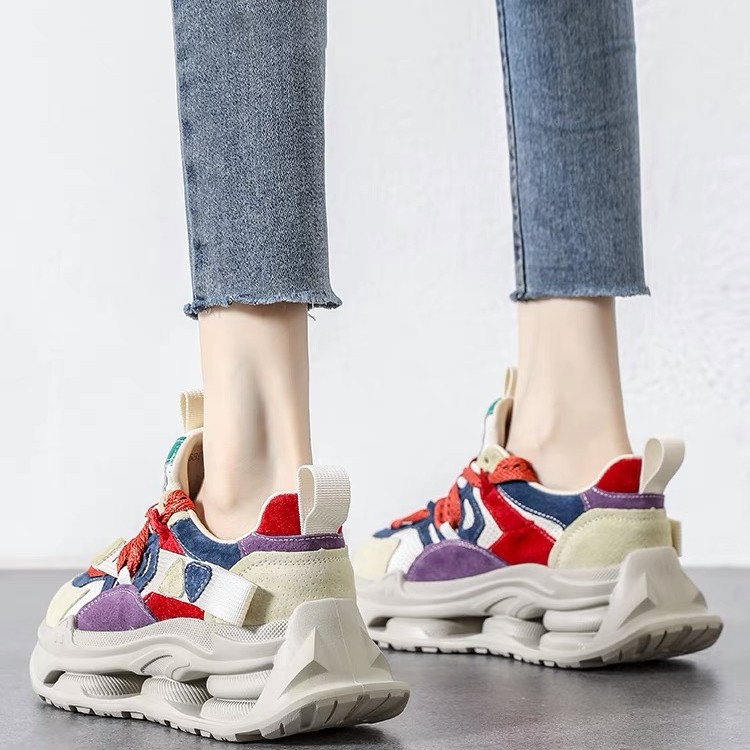 厚底休闲鞋女春季新款ins潮流爆款鞋子真皮系带松糕底拼色老爹鞋