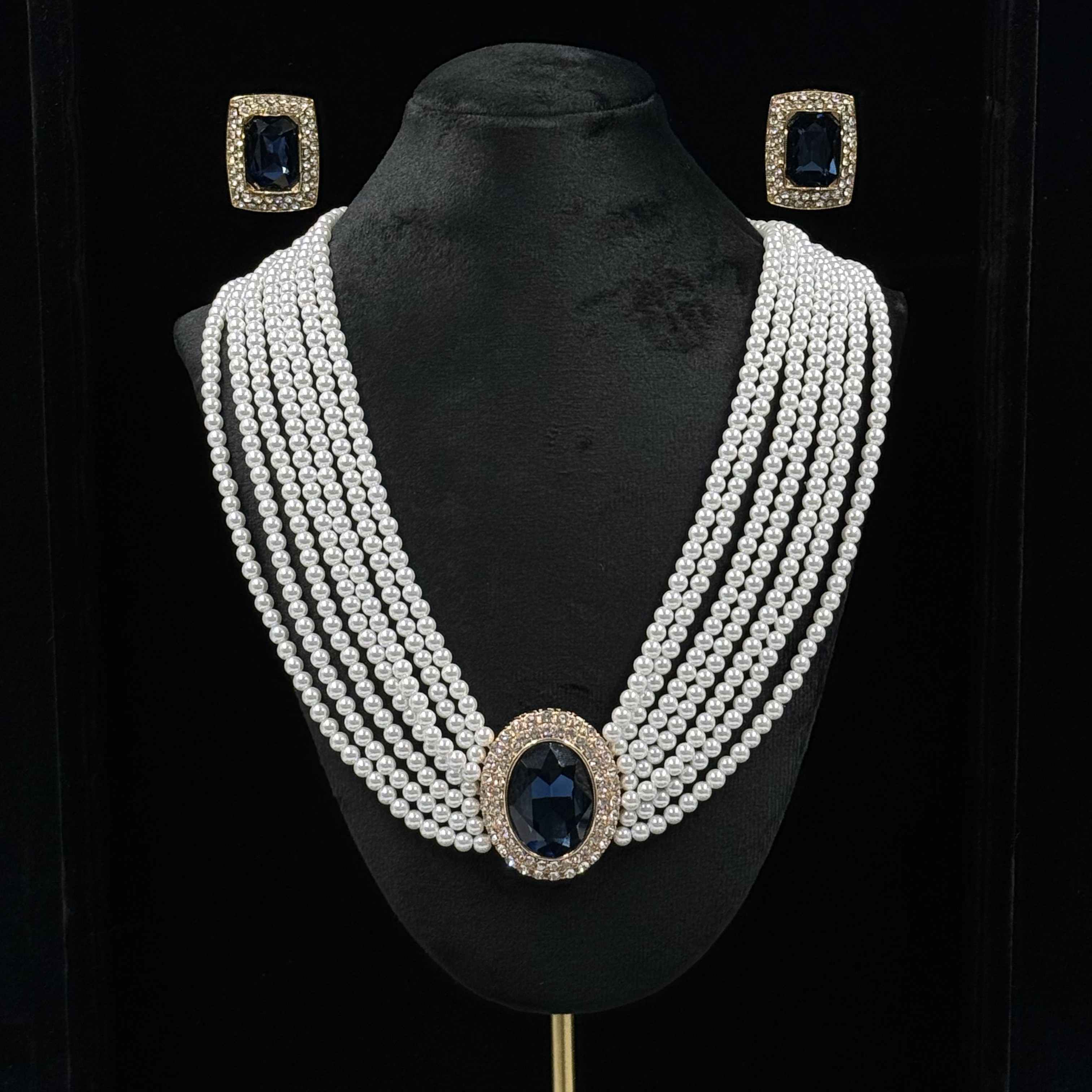 铜合金仿珍珠项链 【1268】中古蓝色石镶嵌吊坠宫廷风重工时尚女