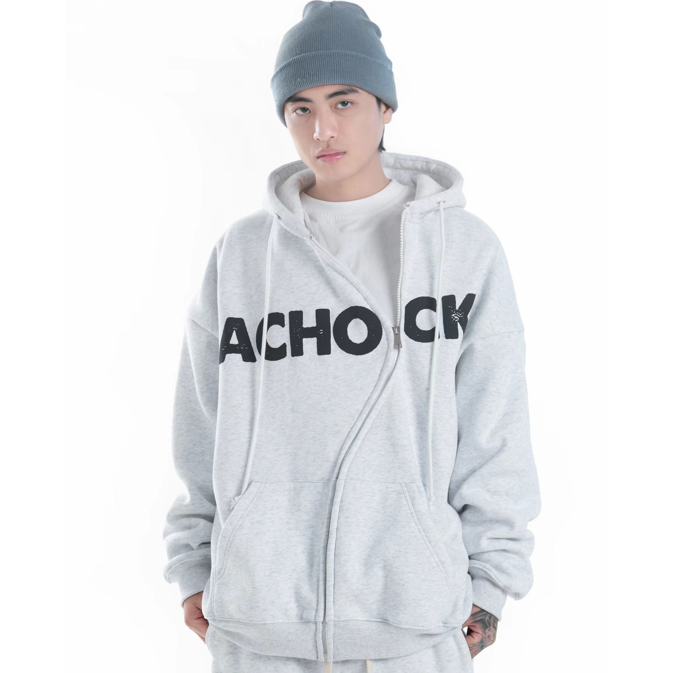 【Achock官方店】 国潮个性S拉链发泡印花加绒卫衣开衫连帽外套