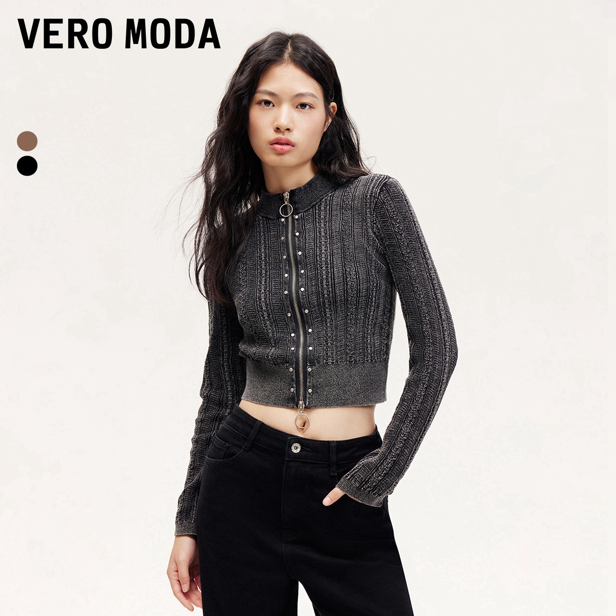 Vero Moda商场同款新品针织衫女铆钉双拉链做旧长袖修身长袖洋气