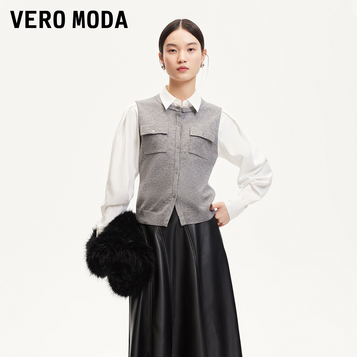 Vero Moda衬衫2025新款翻领针织拼接衬衫假两件时尚高级感洋气女