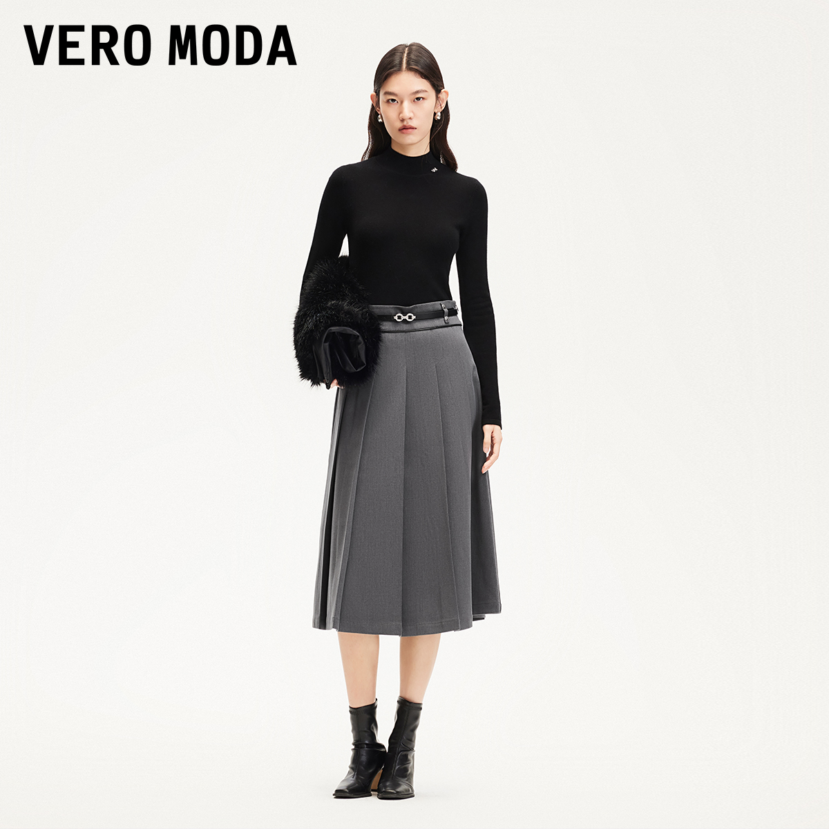 Vero Moda半身裙女2025春季新款纯色高腰显瘦A字百褶裙洋气裙子