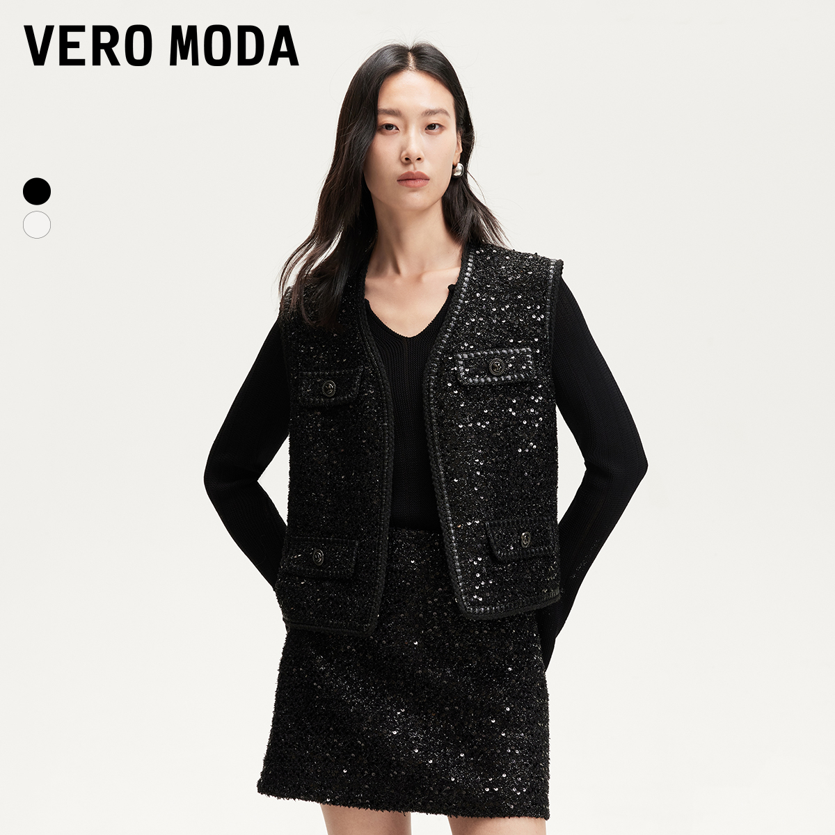 Vero Moda马甲女25小香风格亮片前钩扣设计高级感外套洋气知性风