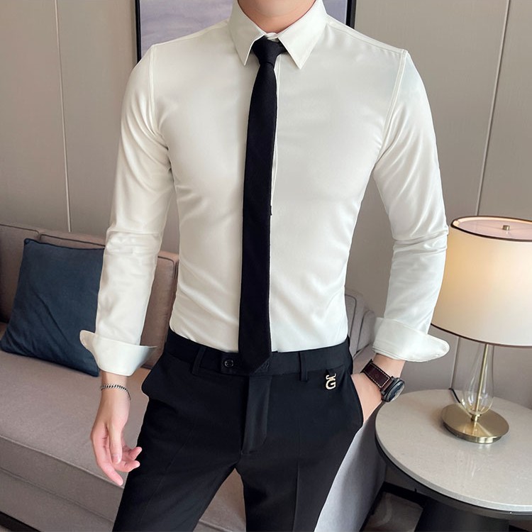 男士职业装四季款长袖衬衫 韩版男士青年修身长袖衬衣男纯色衬衫