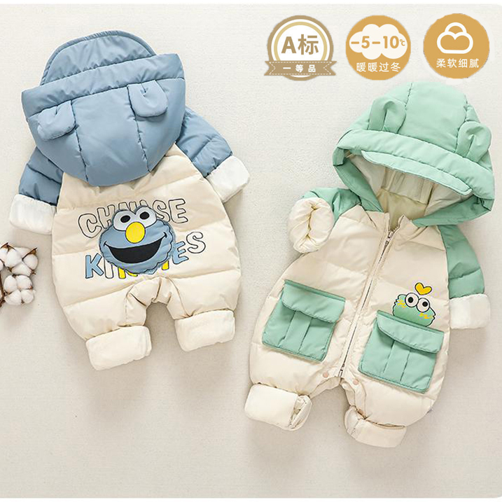 冬季连体棉衣可开档幼儿外出哈衣棉服加绒宝宝包屁衣秋冬款婴儿
