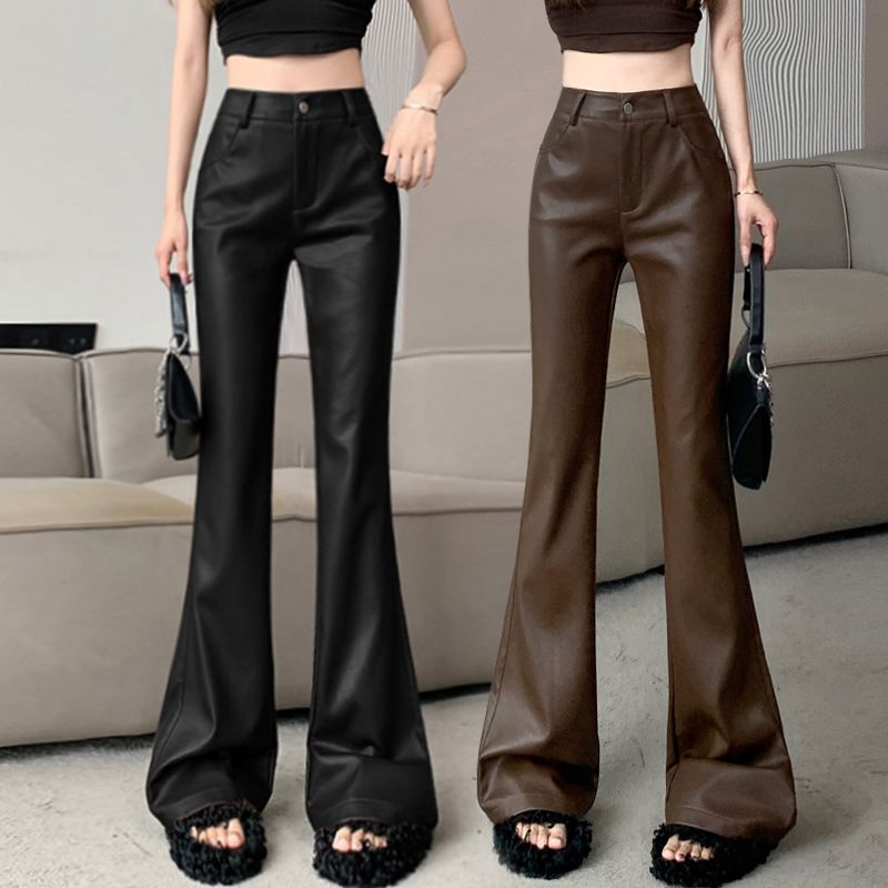 微喇裤女2023秋冬新款韩版时尚洋气复古PU皮裤百搭高腰显瘦喇叭裤