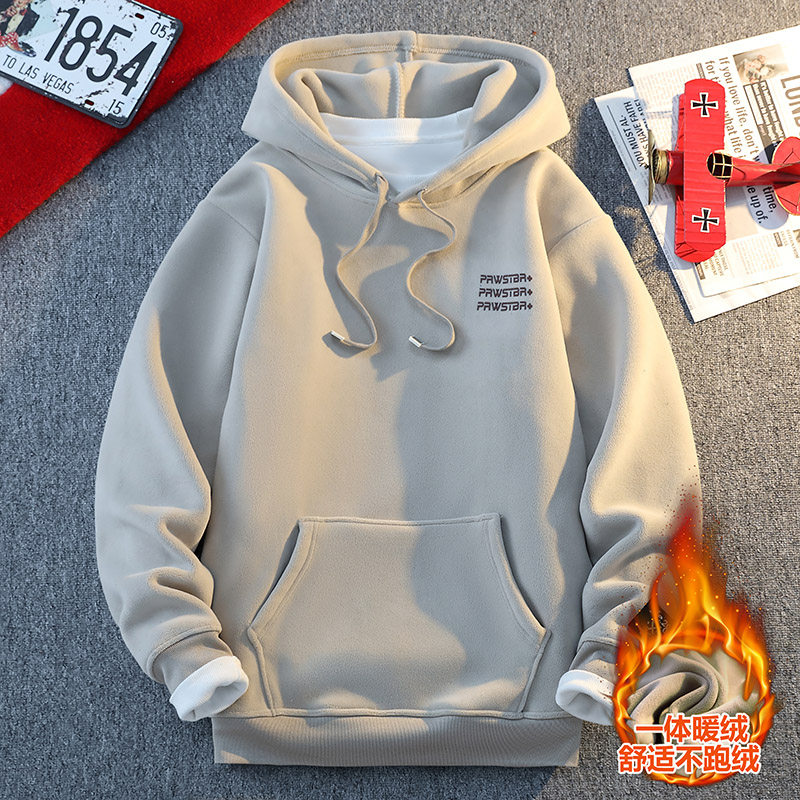 2024秋冬季时尚字母印花连帽加绒卫衣潮男士流保暖外套打底W8063