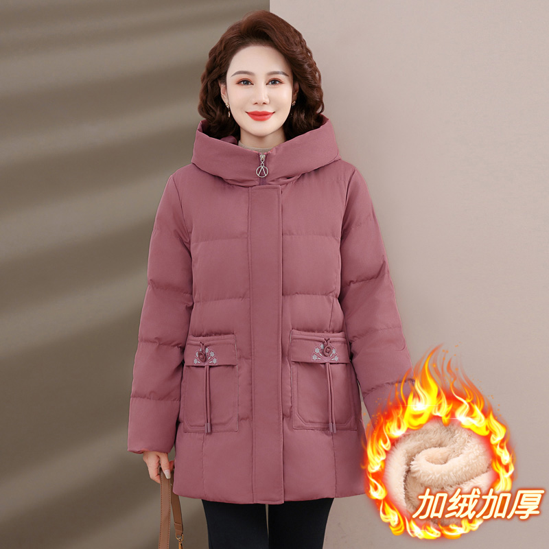 妈妈冬季新款加绒棉服洋气中老年女装加厚连帽棉袄中长款保暖冬装