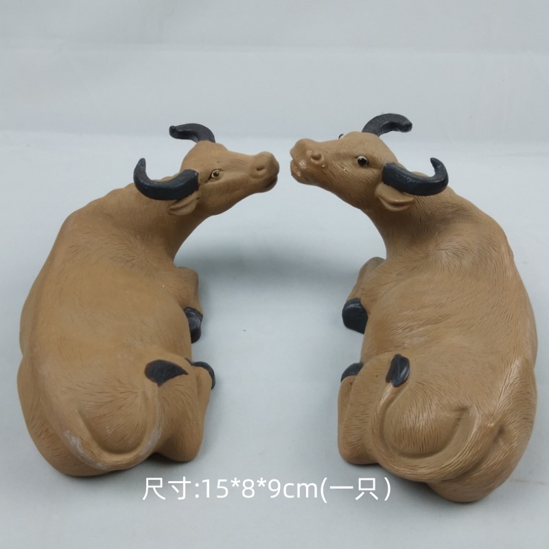 陶瓷纯手工动物摆件  石湾公仔工艺品 小牛黄胎卧牛一对家居摆设