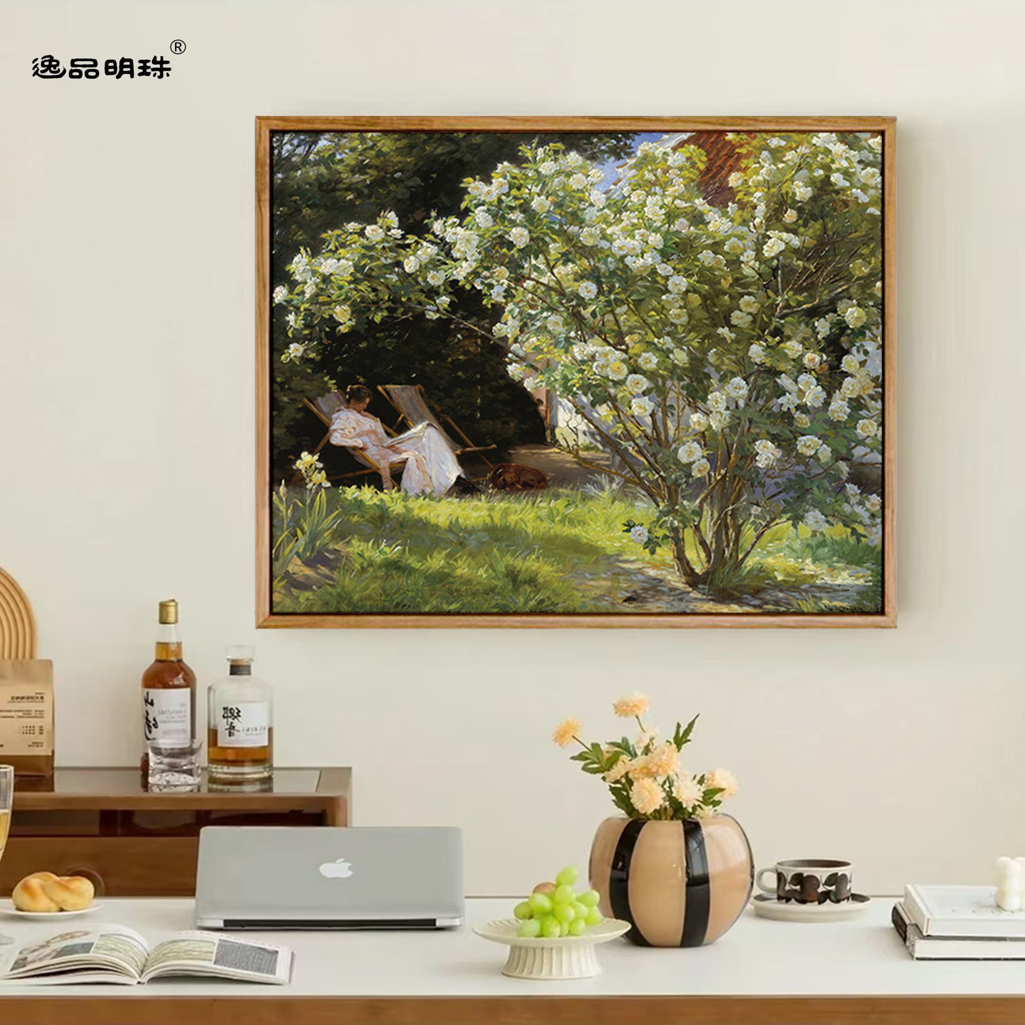 逸品明珠新款】柯罗耶《玫瑰》客厅玄关画餐厅手涂肌理画芯实木框