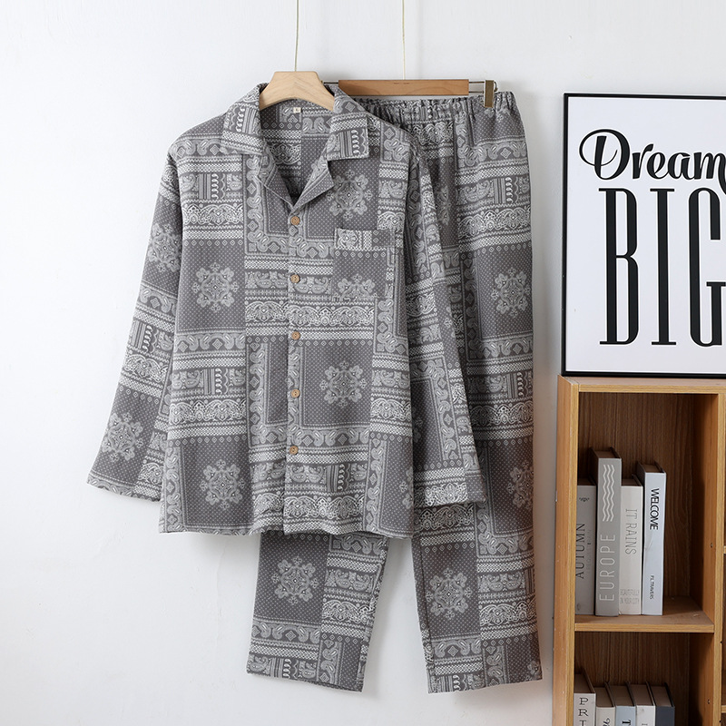 新款色织纯棉纱布休闲男士睡衣春秋季薄款开衫长袖宽松家居服套装