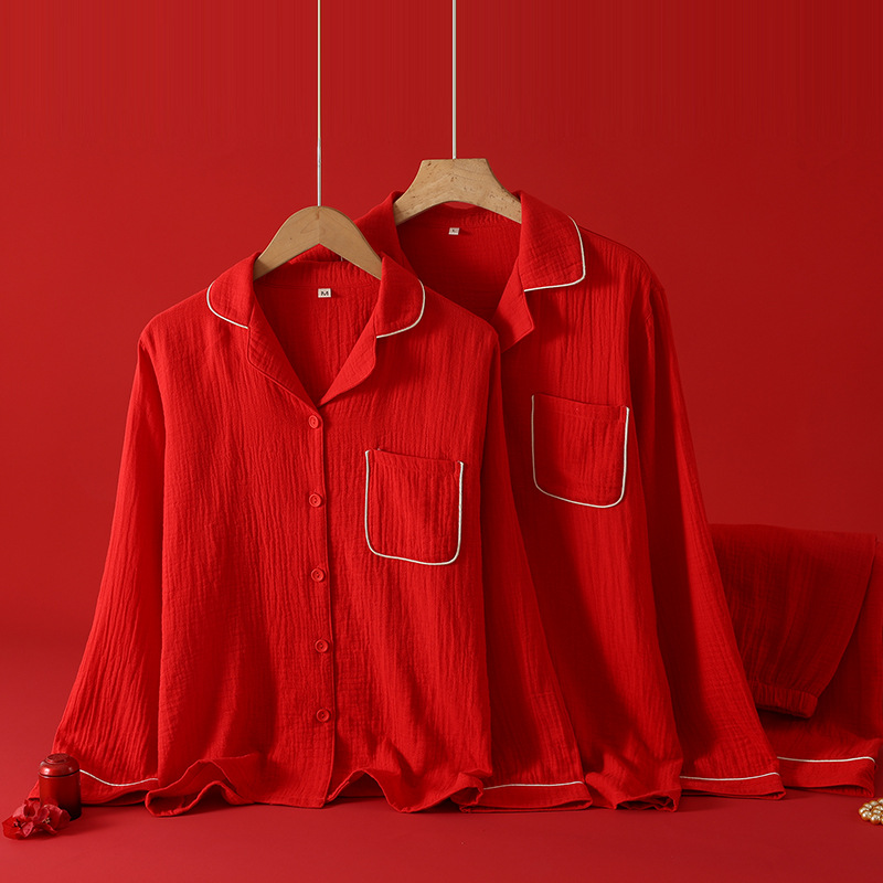 新婚情侣红色纯棉双层纱布睡衣男女士长袖本命大红宽松家居服套装