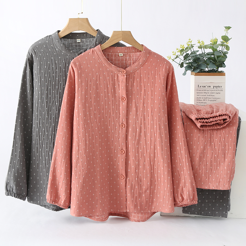 纯棉色织水洗棉春秋夏季圆领宽松女士睡衣套装家居服休闲简约碎花