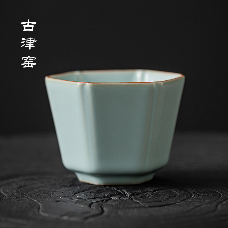 古津窑汝窑主人杯复古高端六方形陶瓷茶具开片可养主人专用茶杯