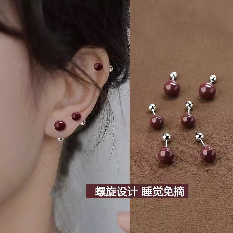 合金耳饰 朱砂红耳钉女耳骨钉气质耳环2023新款爆款小众设计时尚