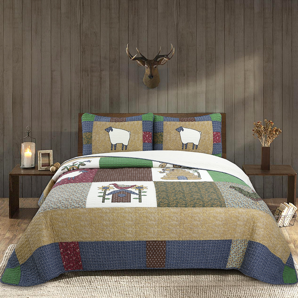 爆款小羊绗缝纯棉多功能防滑被子三件套夹棉加厚双面两用床盖四季