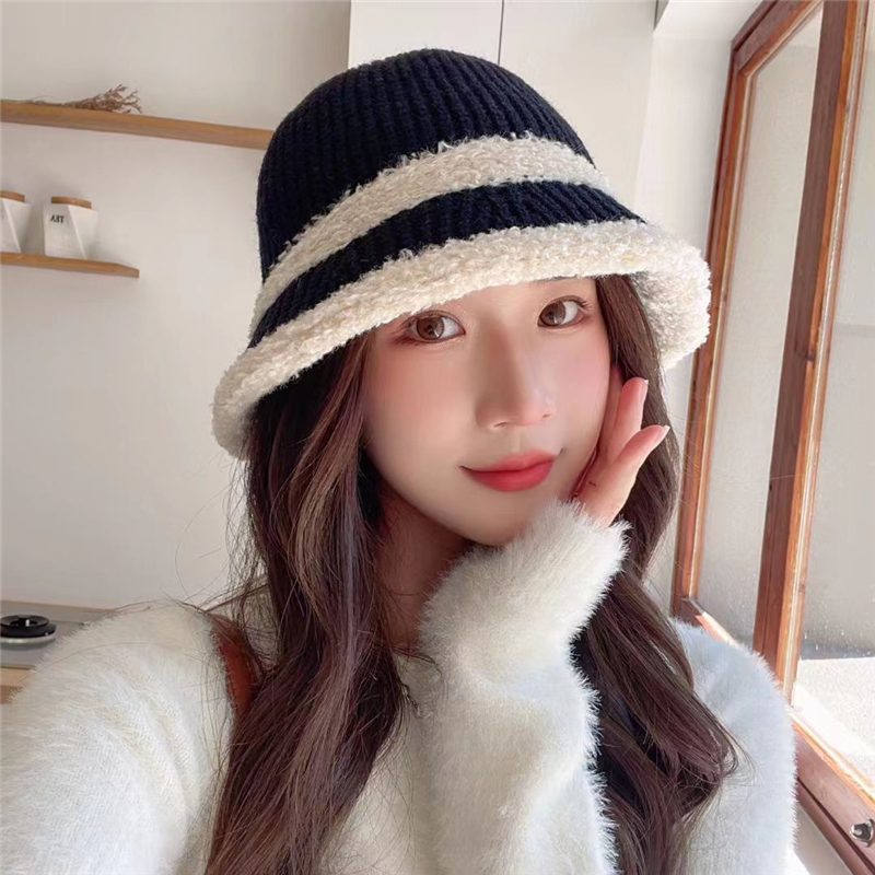日系撞色毛绒针织帽女秋冬百搭直筒盆帽韩版休闲出游水桶毛线帽潮