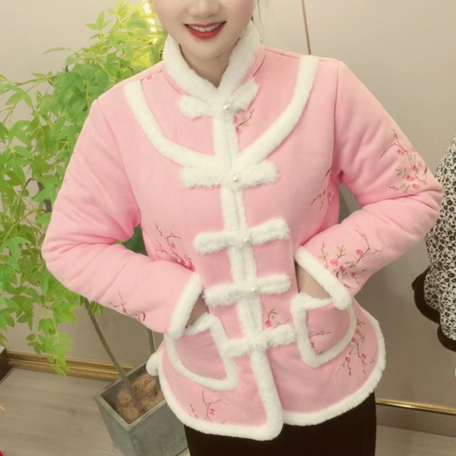 亏米青No退麂皮绒小花袄三层加厚中国风冬款保暖中式