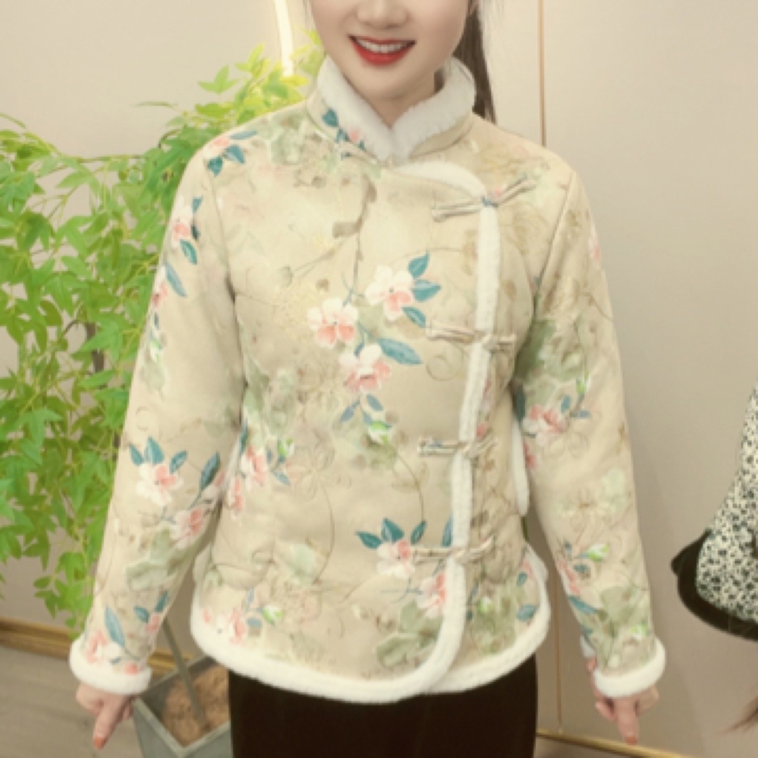 麂皮绒三层加厚小花袄秋冬棉服盘扣棉衣加厚中国风冬季保暖