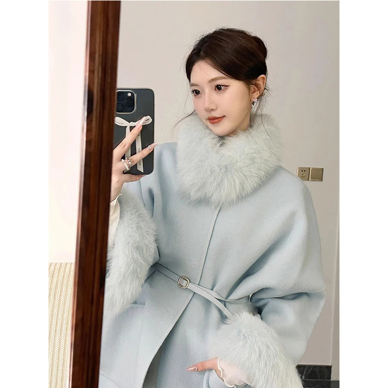 新中式蓝色呢子大衣中长款高级感超好看毛呢外套冬装女2023年新款