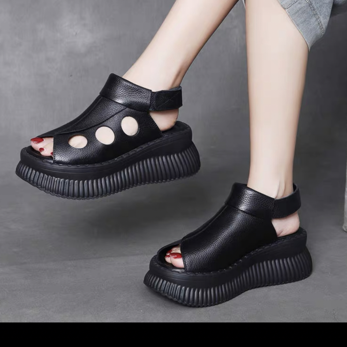 2024新款夏季真皮超轻松糕罗马女鞋头层牛皮厚底增高复古百搭凉鞋