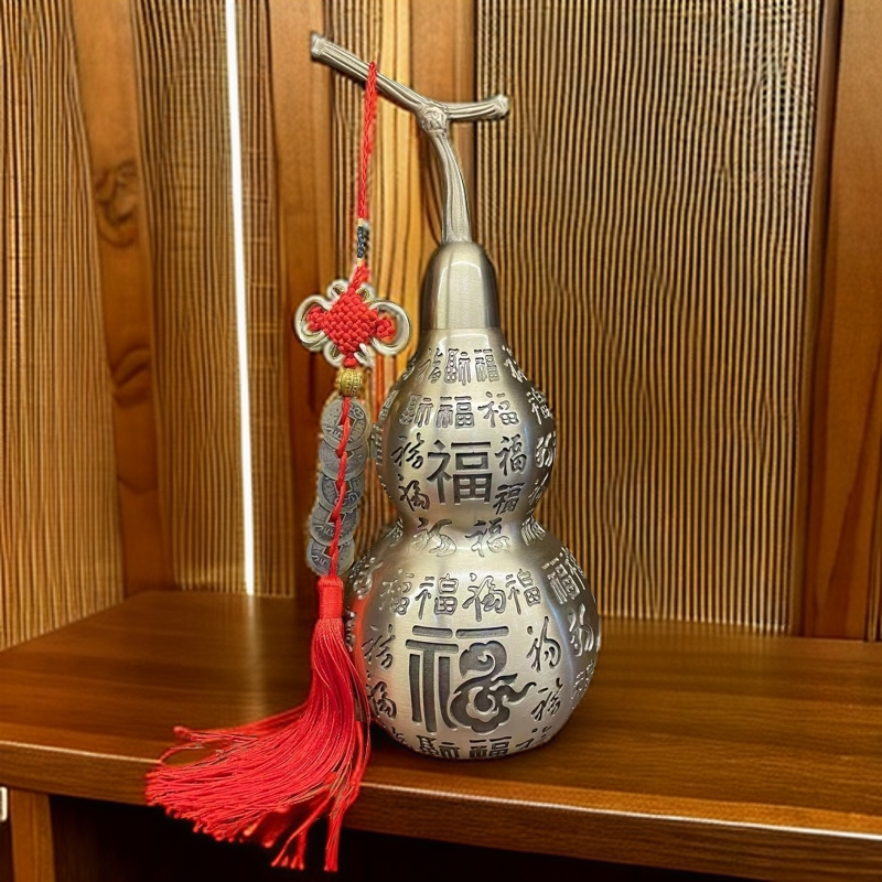 全黄铜百福葫芦摆件开盖葫芦开口空心家用玄关纯铜葫芦五帝钱挂件