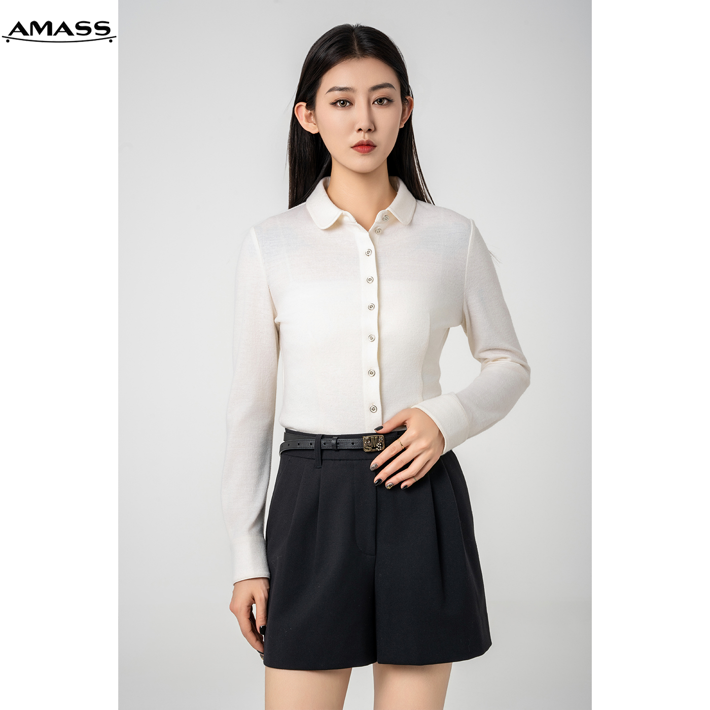 AMASS/阿玛施早春新款气质修身纯羊毛衬衫长袖纯色衬衣女 5300528