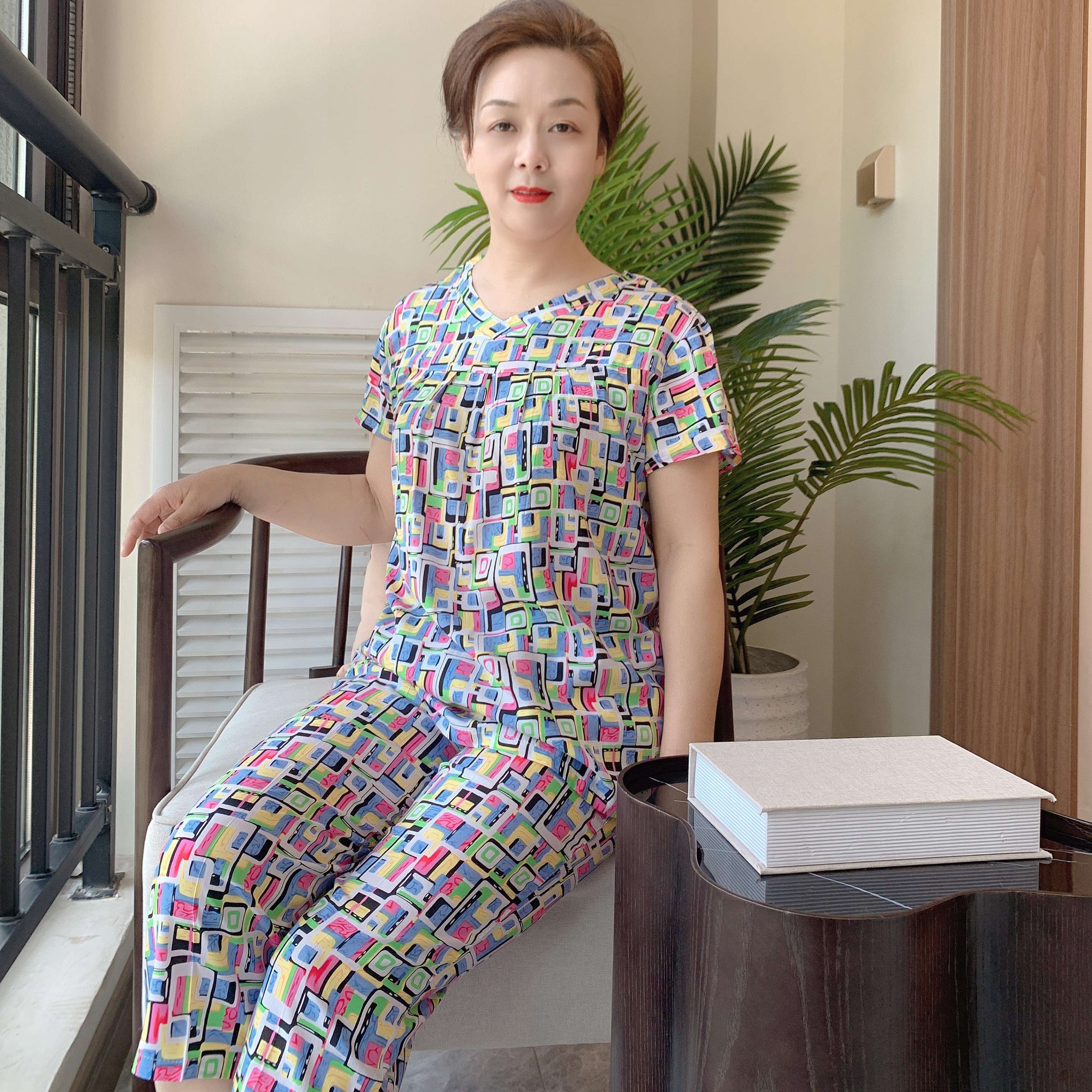 睡衣睡衣女套装女装上衣时尚家居服女士夏季家居服薄款宽松印花