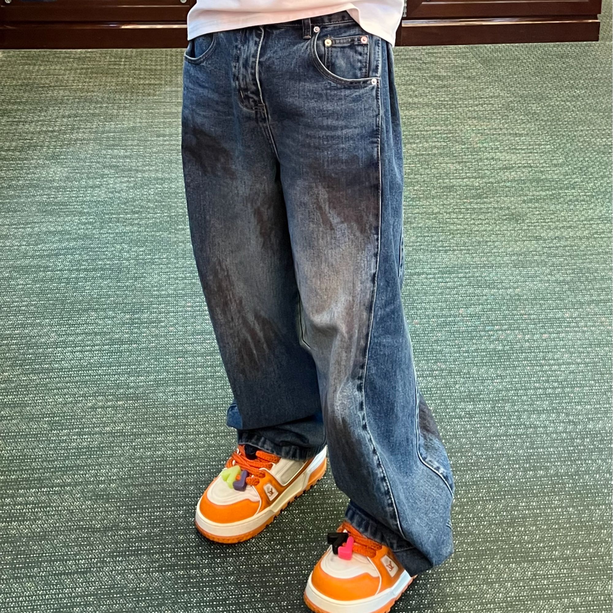 【FANG BH】男女春季新款复古时尚手绘涂鸦阔型裤脚可调节牛仔裤