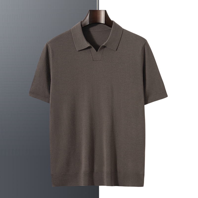 100%纯山羊绒衫高品质精纺男士短袖翻领针织polo领薄款T恤衫