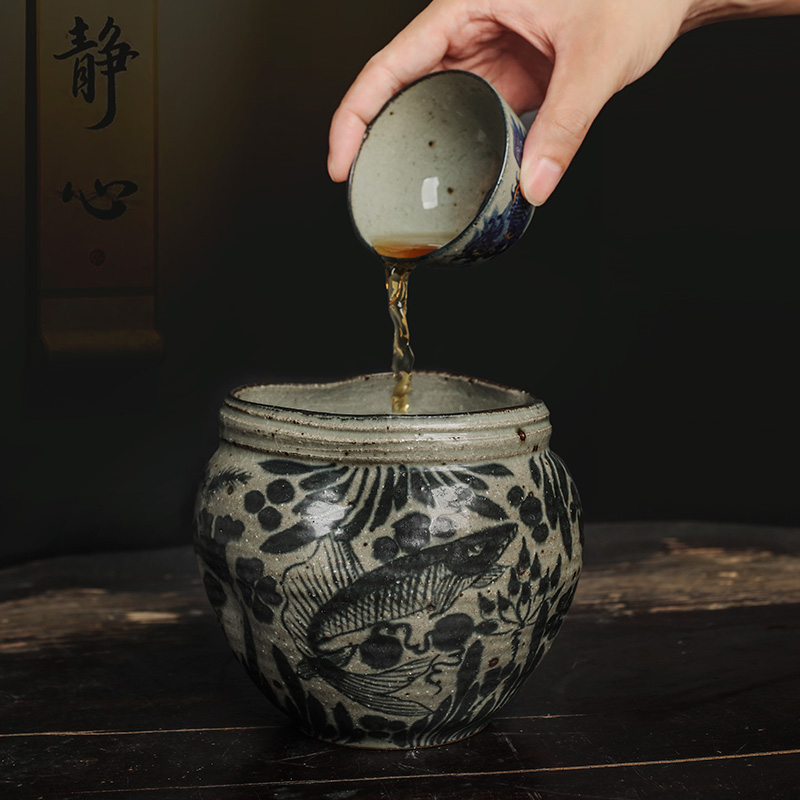 建水茶洗茶渣缸景德镇聆雨堂元青花手绘鱼藻纹粗陶水盂功夫茶具
