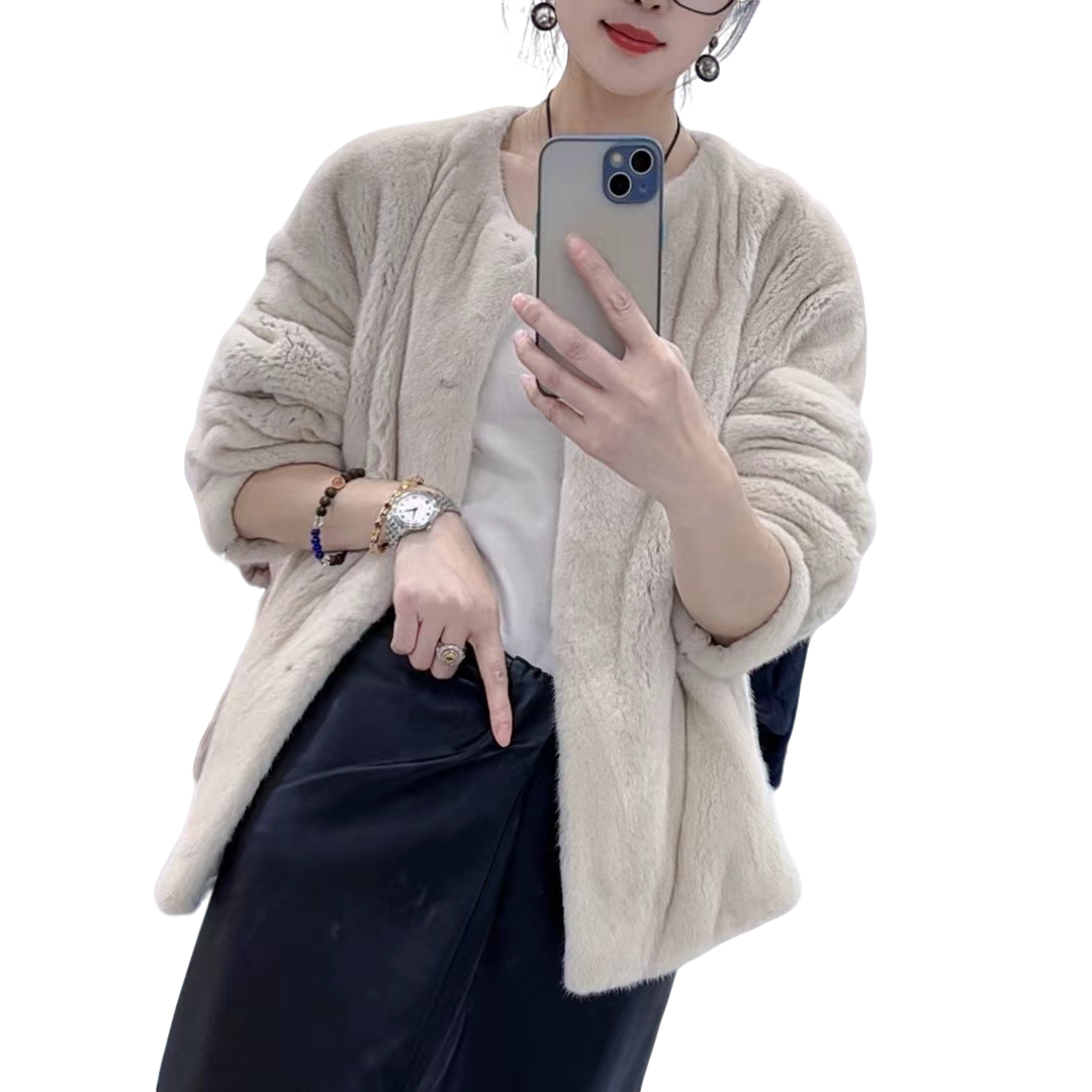 【慕之语muzhiyu】“青黛”191款圆领简约百搭水貂皮草毛皮草外套女款