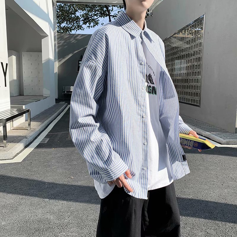 也米风尚|秋季ins港风条纹衬衫男士休闲长袖衬衣韩版潮流宽松寸衣