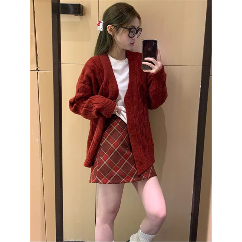 圣诞新年红色麻花毛衣套装格子裙学院风洋气矮个子女装冬天一整套