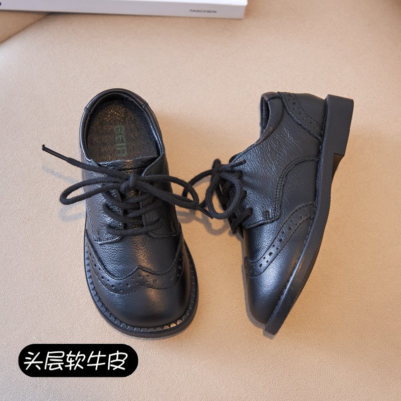 小黄鸭状元男童小皮鞋春秋款黑色英伦风学生演出女童系带休闲宝宝