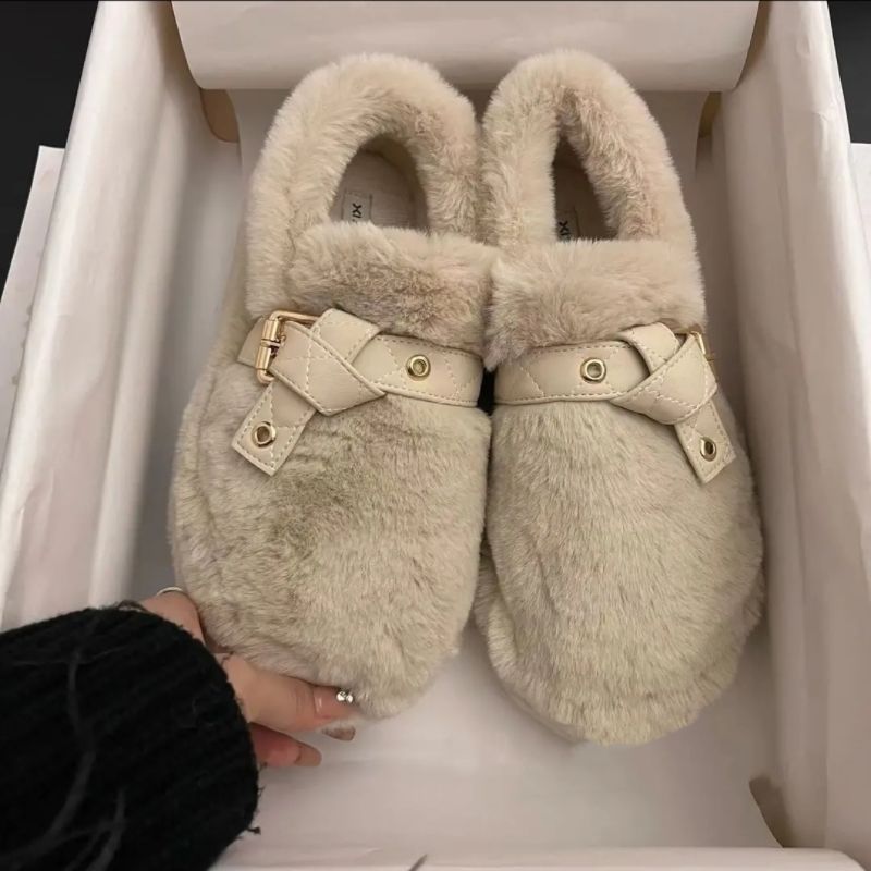 小众款风皮带扣面包毛毛鞋女外穿洋气厚底懒人乐福鞋冬季豆豆鞋