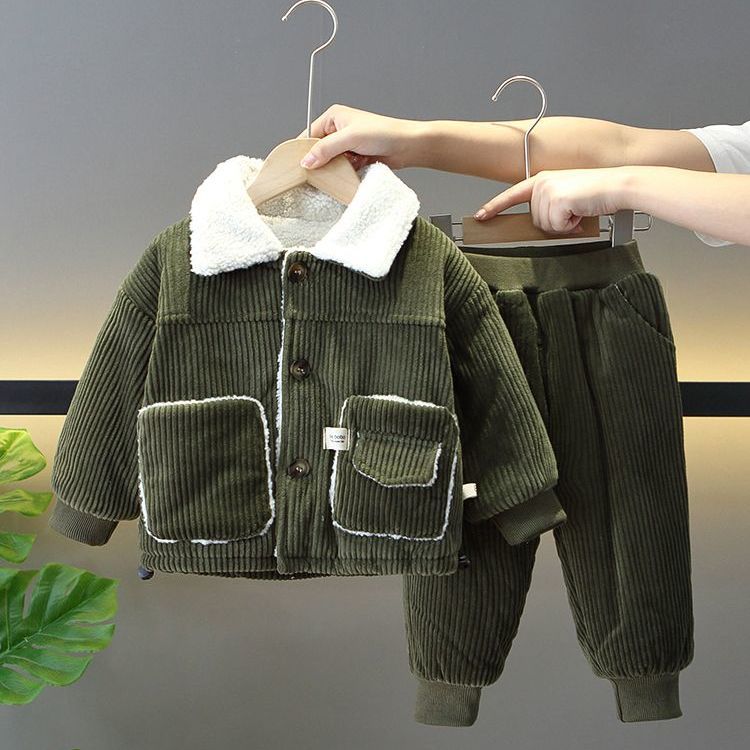 男童冬季套装宝宝酷帅加绒加厚冬装衣服儿童灯芯绒时髦洋气