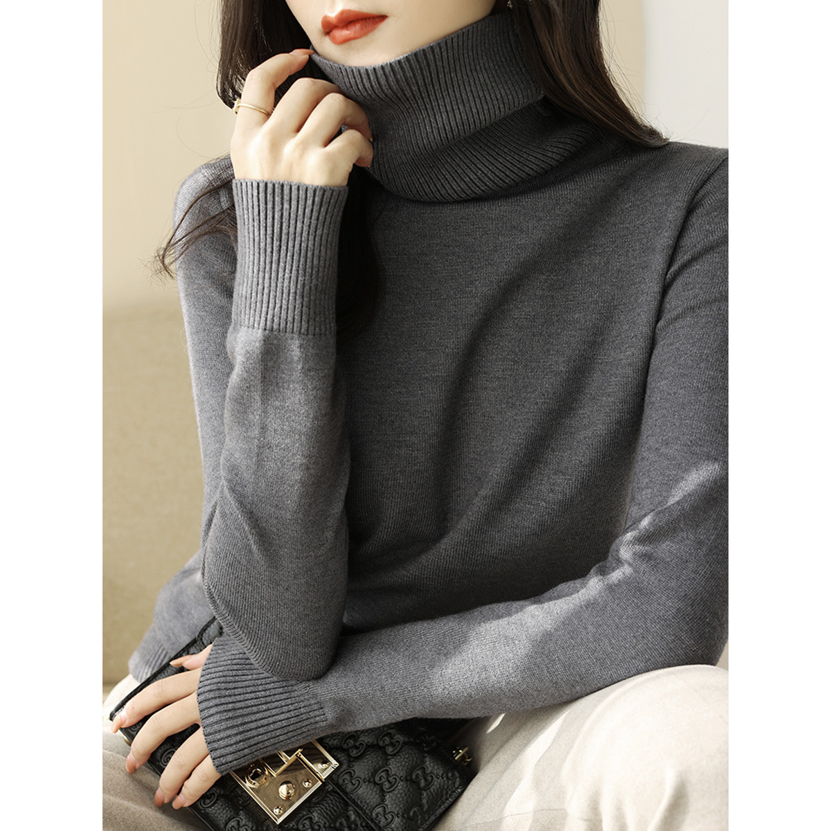 堆堆高领长袖内搭针织毛衣女2023秋冬宽松高级灰色加厚打底衫