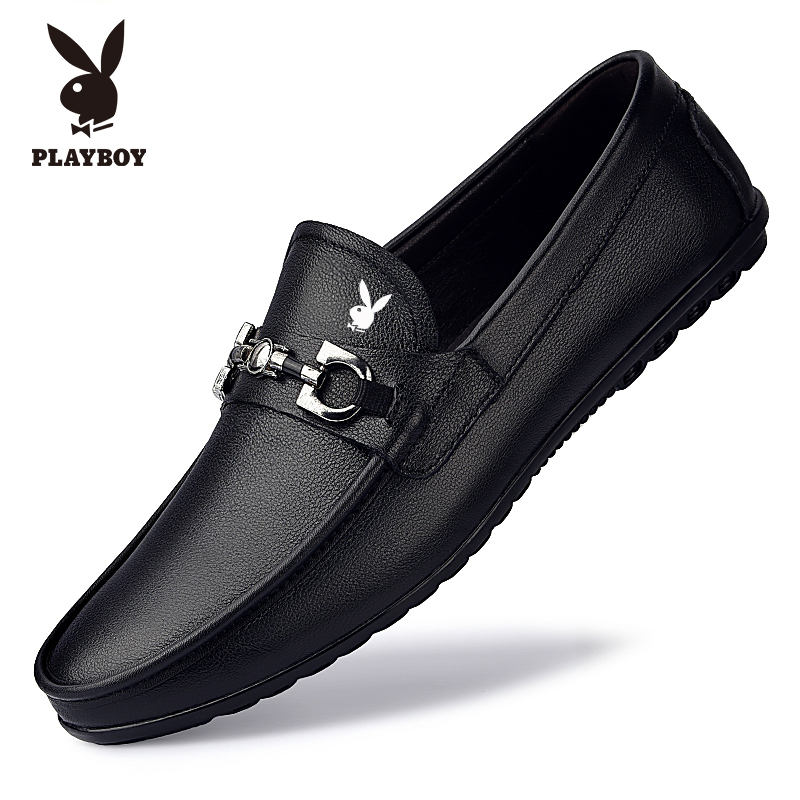 PLAYBOY男鞋2023新款夏季商务正装英伦休闲透气皮鞋一脚蹬豆豆鞋