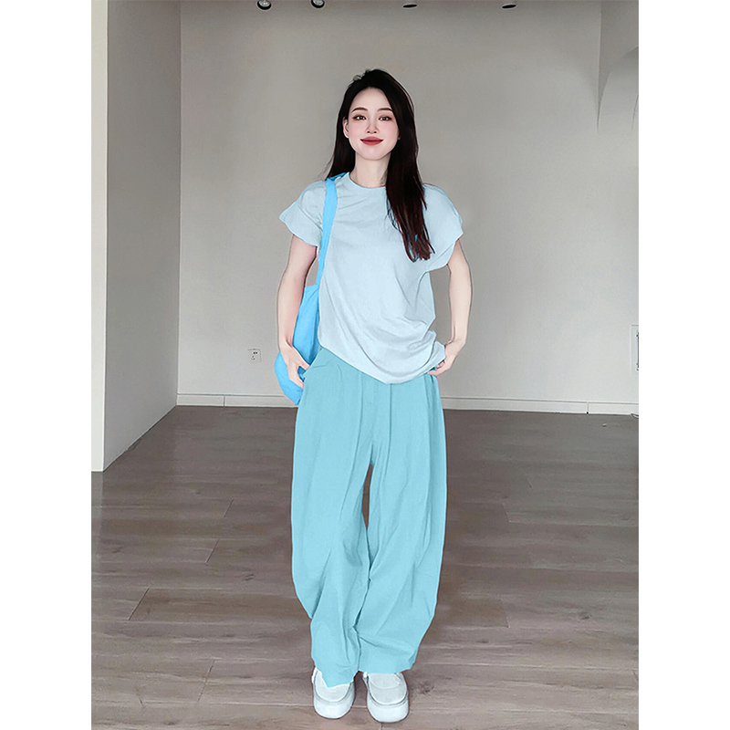 夏季穿搭多巴胺套装女洋气减龄蓝色短袖T恤宽松阔腿休闲裤两件套