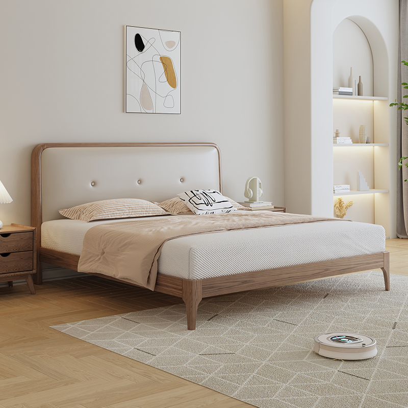 实木床软包靠背小户型卧室北欧公主床白蜡木1米8高脚齐边床主卧床