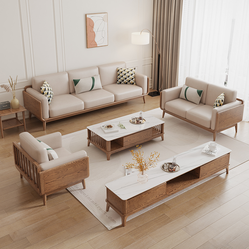 北欧风白蜡木沙发简约客厅实木沙发现代家用皮沙发成套组合沙发