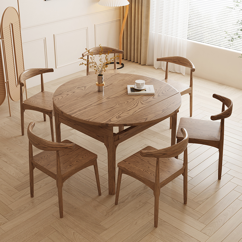 北欧简约家用折叠餐桌方圆两用桌白蜡木家用餐桌实木吃饭桌圆形桌