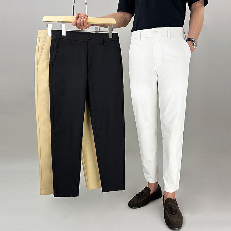 秋冬厚款小直筒九分裤男士修身白色免烫高端西裤潮流商务休闲裤潮