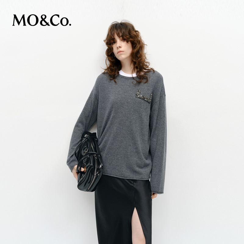 MOCO毛衣2025春新品绵羊毛山羊绒粗纺全手工络花钻饰MBE1SWT034
