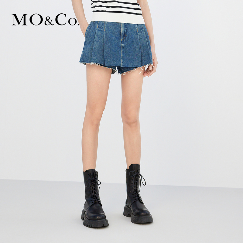 MOCO夏季学院风A字压褶高腰牛仔短裤裙裤MBC2SOTT08