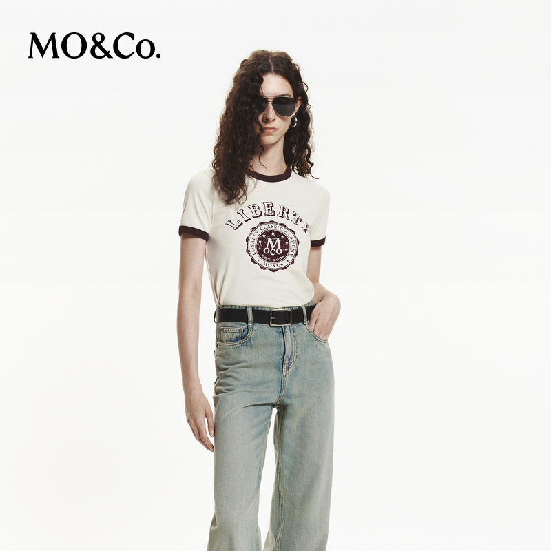 MOCO秋美式撞边斑驳印花短款正肩短袖圆领T恤MBD3TEE013