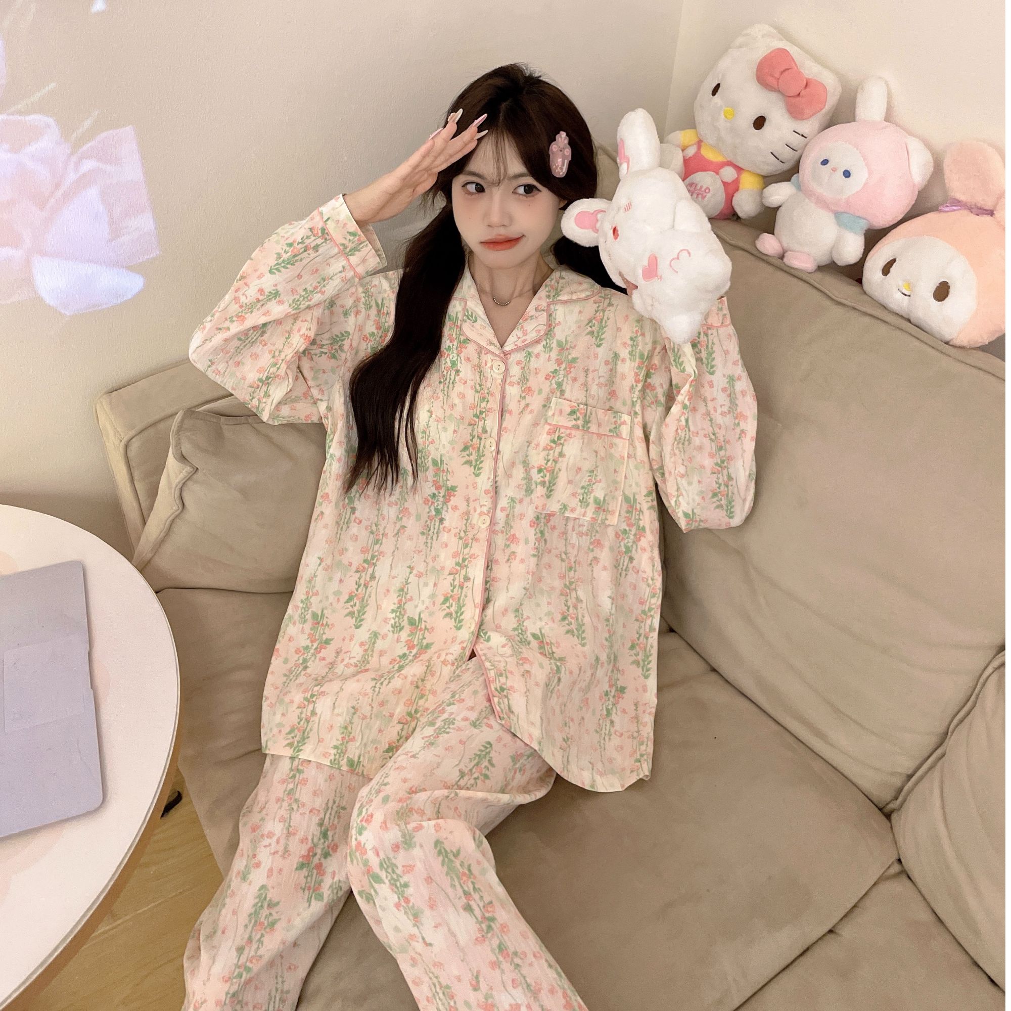 气质田园小花睡衣女云朵棉可爱少女春秋长袖新款翻领家居服套装