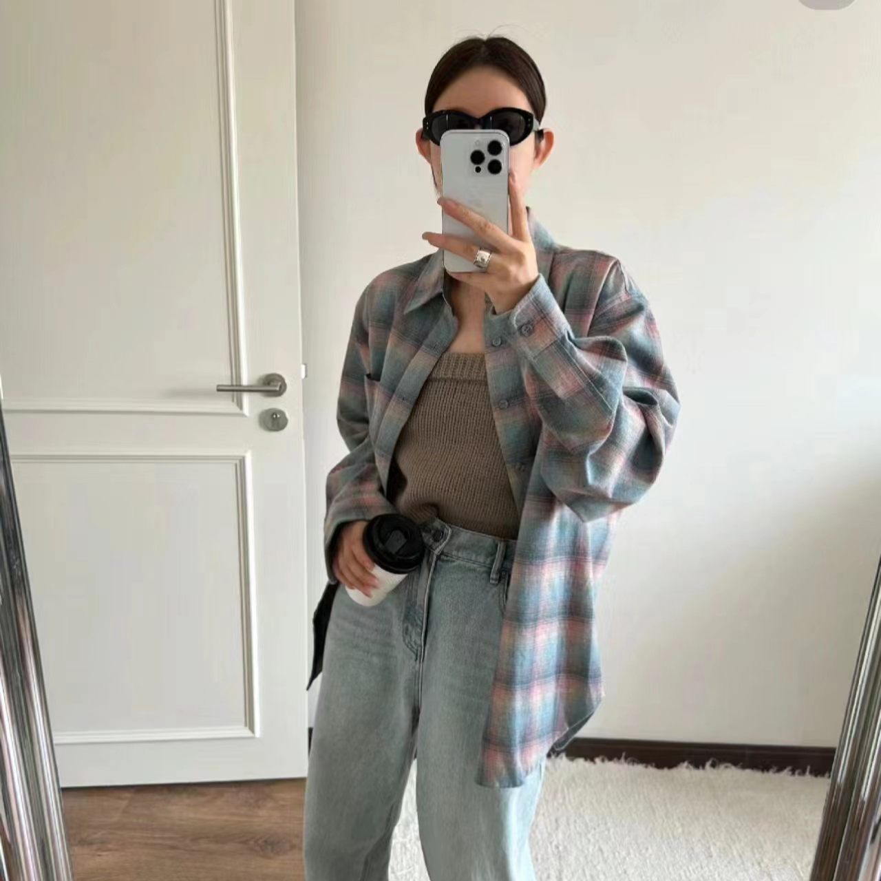 MM时尚百搭秋冬季长袖拼接不起球防晒磨毛衬衫格纹衬衣宽松休闲